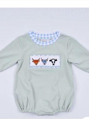 Honeydew USA Light Sage Green Long Sleeve Baby One-Piece with Animal Smock